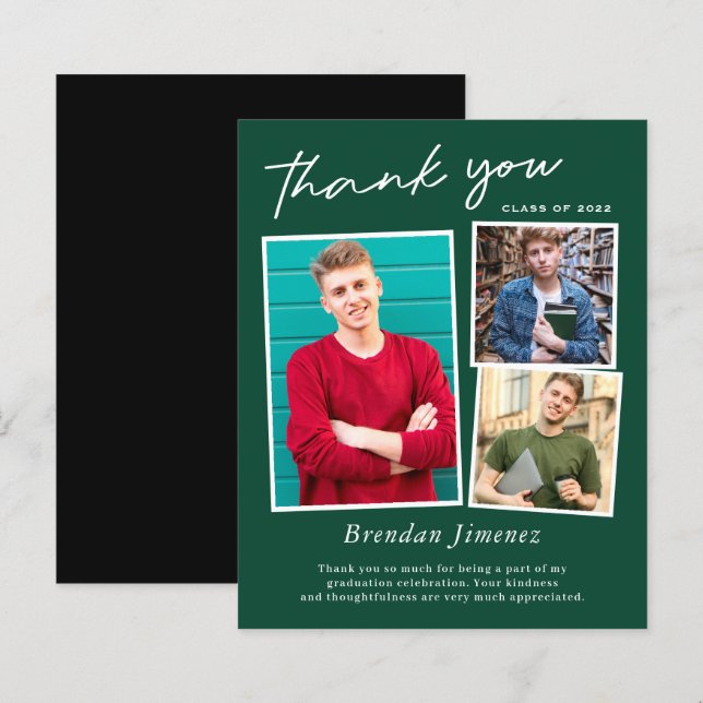 Green Script 3 Photo Graduation Thank You Card (Front/Back)