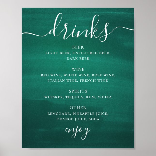 Green script calligraphy wedding drinks bar menu poster (Front)