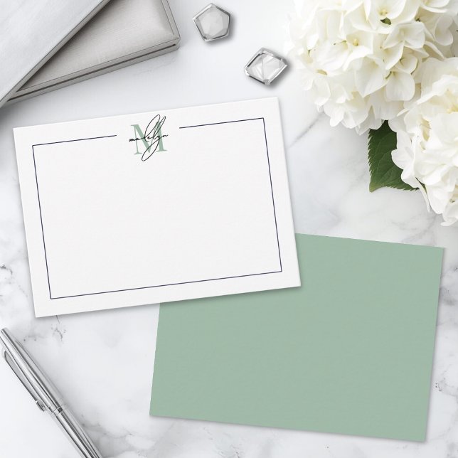 Green Script Minimalist Name Monogram Card (Green Script Minimalist Name Monogram Note Card )
