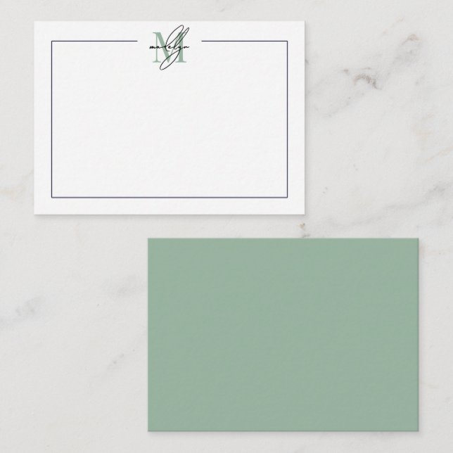 Green Script Minimalist Name Monogram Card (Front/Back)