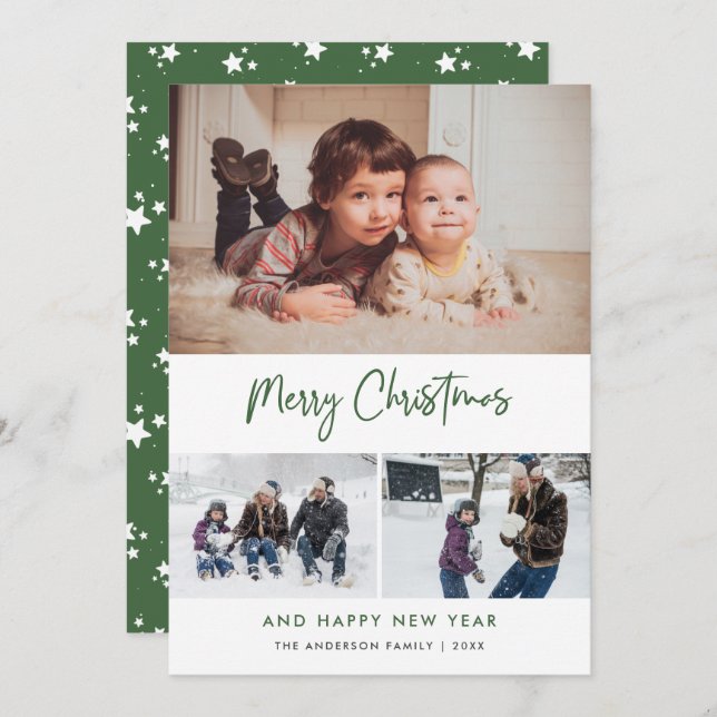 Green Script Stars Christmas 3 Photo Collage Holiday Card (Front/Back)