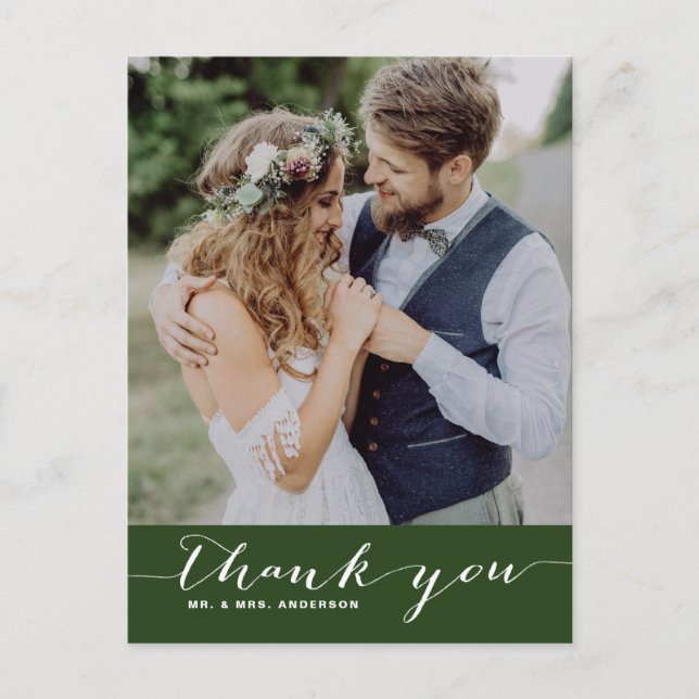 Green | Script Wedding Thank You Vertical Postcard (Front)