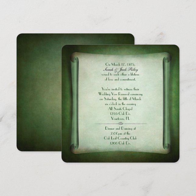 Green scroll for wedding vow renewal invitation (Front/Back)