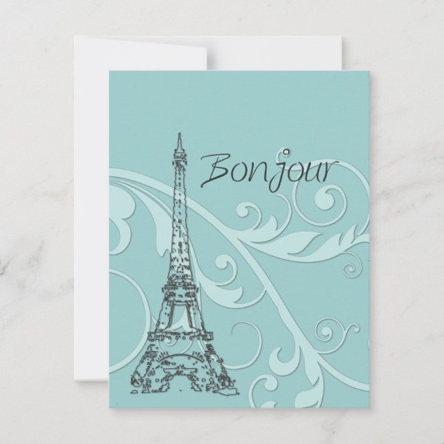 Green Scrolls and Eiffel Tower Invitation (Front)