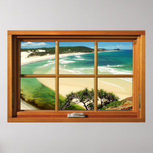 Green Sea 6 Pane Wooden Window Illusion Poster
