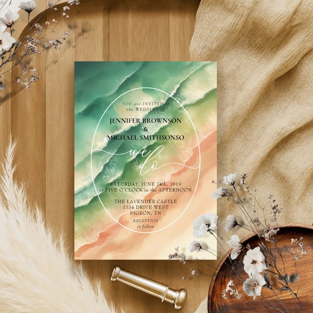 Green Sea Ocean Beach Summer Watercolor Wedding Invitation (Creator Uploaded)