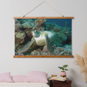 Green Sea Turtle after resting among coral reef    Hanging Tapestry