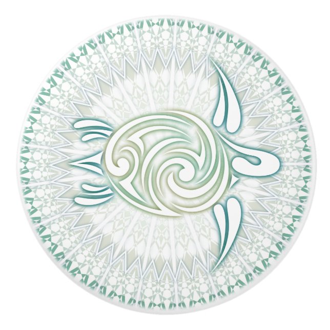 Green Sea Turtle And Mandala | Nautical Ceramic Knob (Front)