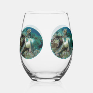 Green Sea Turtle at corals - Photographic Design Stemless Wine Glass