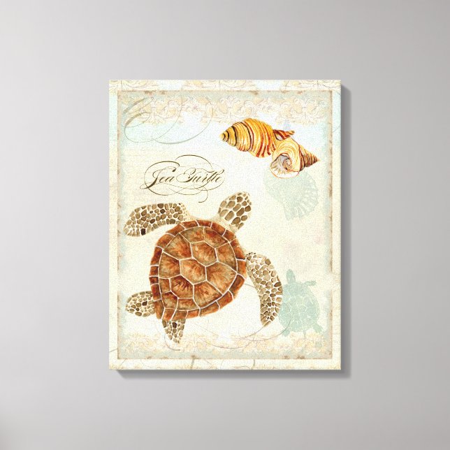 Green Sea Turtle Coastal Beach - Watercolor Art Canvas Print (Front)