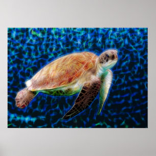 Green Sea Turtle Honu on Blue Fractal Art Poster
