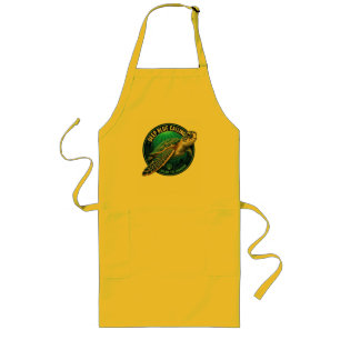 Green sea turtle inside a round ocean emblem.  long apron