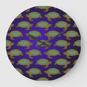Green Sea Turtle Pattern on Blue Large Clock