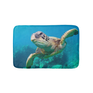 Green Sea Turtle Swimming Over Coral Reef Hawaii Bath Mat