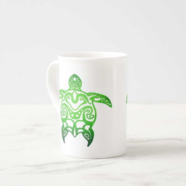 Green Sea Turtle Tribal Bone China Mug (Front Left)
