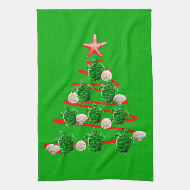 Green Sea Turtles Christmas Tree Tea Towel (Vertical)