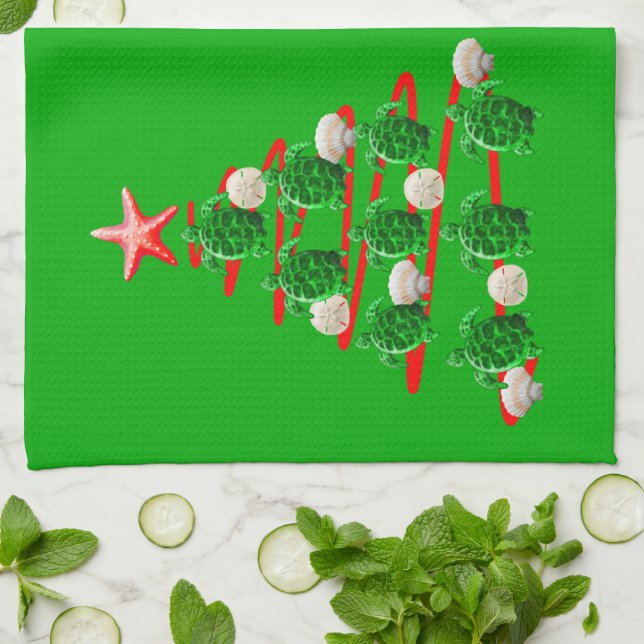 Green Sea Turtles Christmas Tree Tea Towel (Folded)