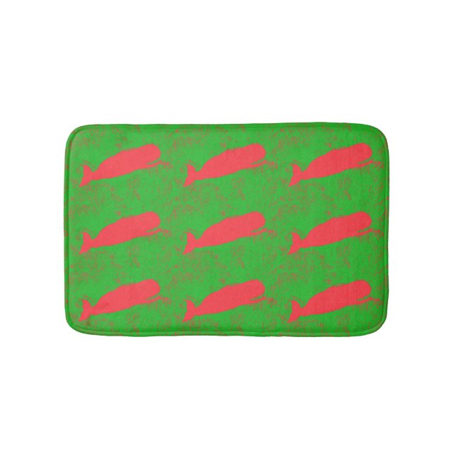 green sea with swimming  red whales bath mat (Front)