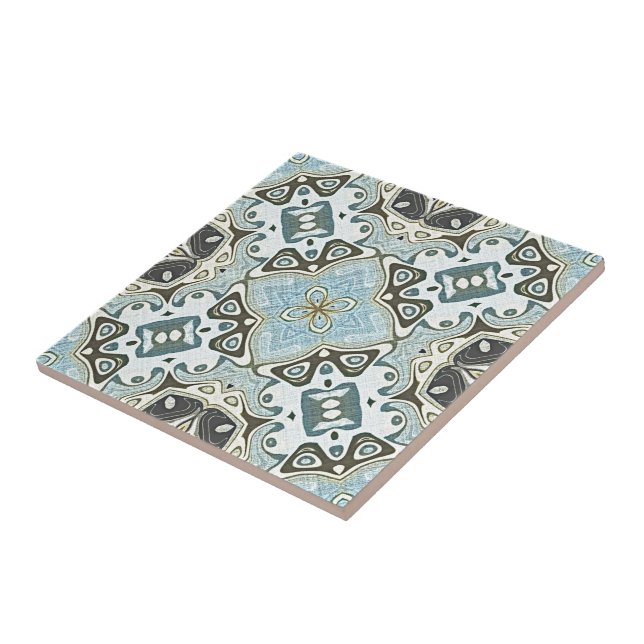 Green Seafoam Teal Turquoise Blue Ethnic Tribe Art Tile (Side)