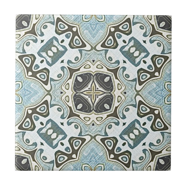 Green Seafoam Teal Turquoise Blue Ethnic Tribe Art Tile (Front)