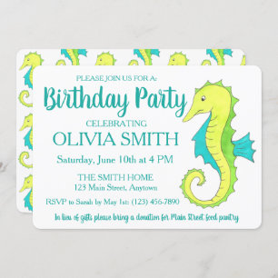 Green Seahorse Sea Horse Beach Birthday Party Invitation