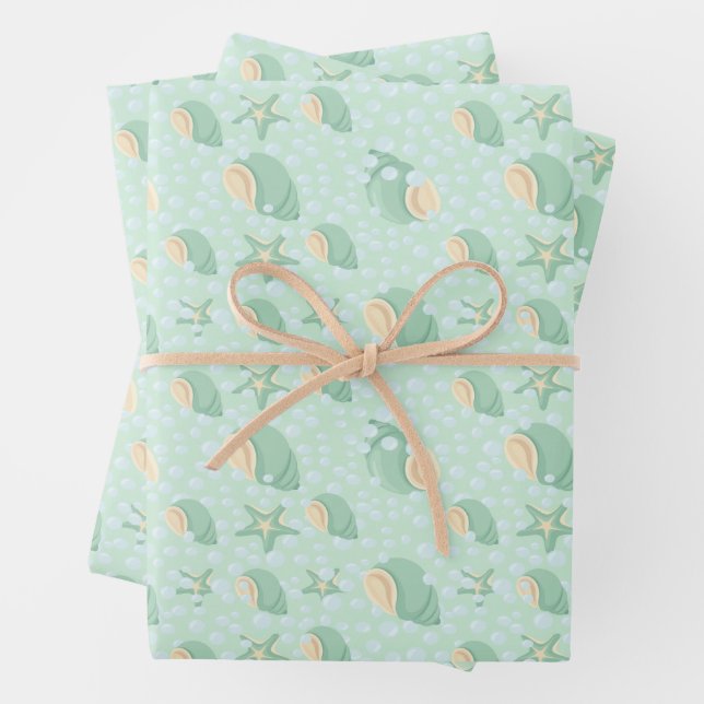 Green Seashells and Bubbles Wrapping Paper Sheet (In situ)