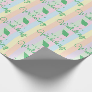 Green Seashells Happy Wedding Text Rainbow Striped Wrapping Paper
