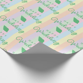 Green Seashells Happy Wedding Text Rainbow Striped Wrapping Paper