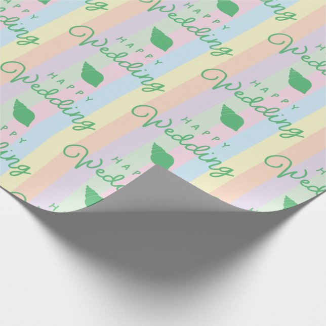 Green Seashells Happy Wedding Text Rainbow Striped Wrapping Paper (Corner)