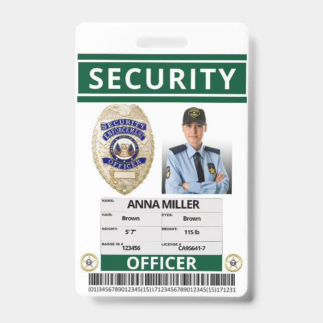 Green Security Officer Custom Print Guard Employee ID Badge (Front)