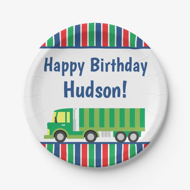 Green Semi Truck Personalised Party Plates (Front)
