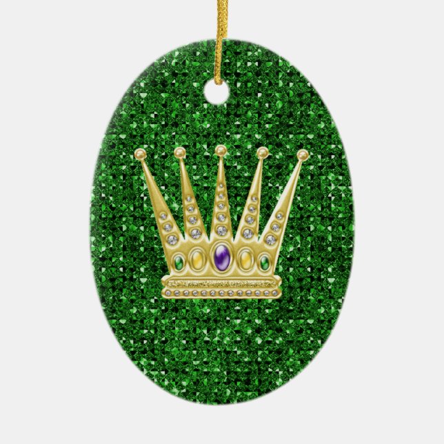 Green Sequin Effect Ornament w/Mardi Gras Crowns (Front)