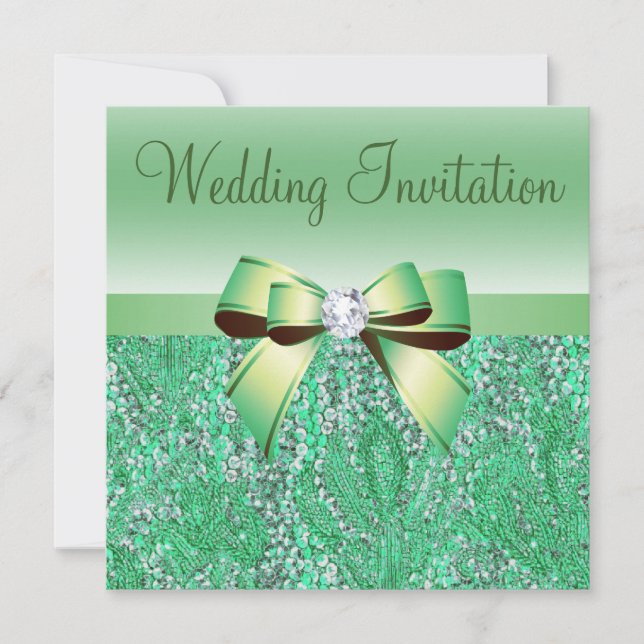 Green Sequins, Bow & Diamond Wedding Invites (Front)