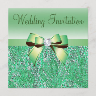 Green Sequins, Bow & Diamond Wedding Invites