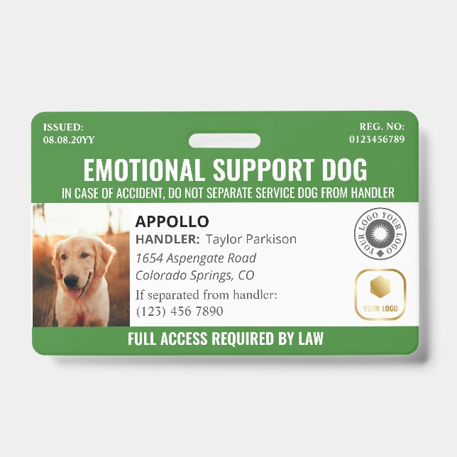 Green Service Dog 2 Logo & Photo ID Badge (Front)