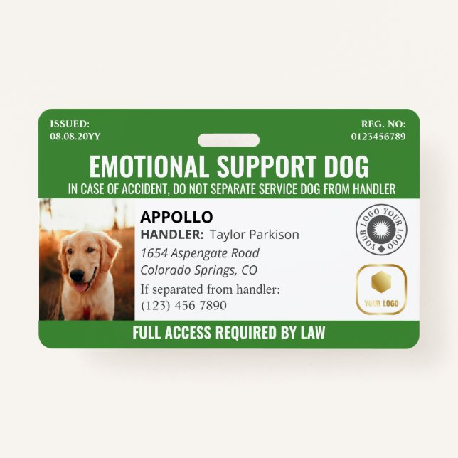 Green Service Dog 2 Logo & Photo ID ID Badge (Front)
