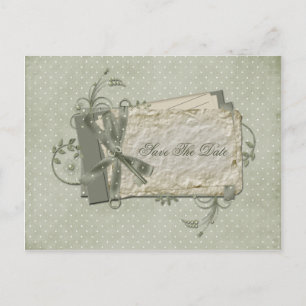 Green Shabby Dotted Swiss Save The Date Announcement Postcard