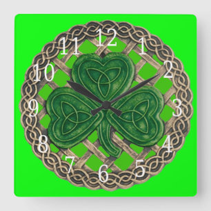Green Shamrock And Celtic Knots Square Clock