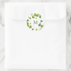 Green Shamrock bouquet monogram St. Patrick's Classic Round Sticker