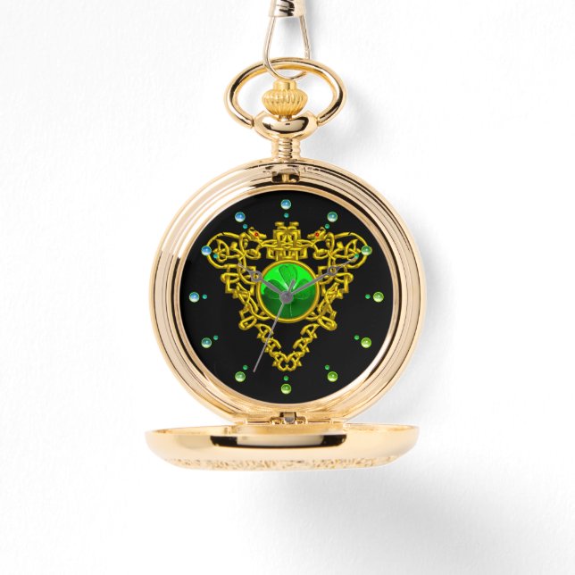 GREEN SHAMROCK,CELTIC KNOT HEART GOLD BLACK WATCH (Front)