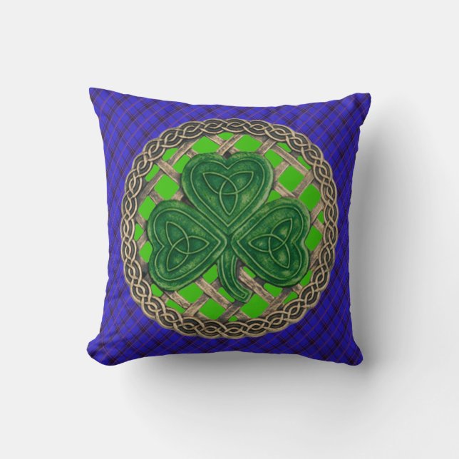 Green Shamrock Celtic Knots On Blue Plaid Cushion (Front)