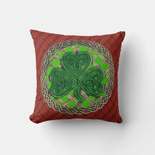 Green Shamrock Celtic Knots On Red Plaid Cushion
