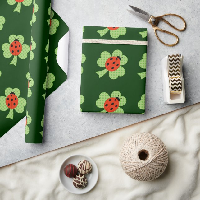Green Shamrock Clover Ladybug Polka dots pattern Wrapping Paper (Crafts)
