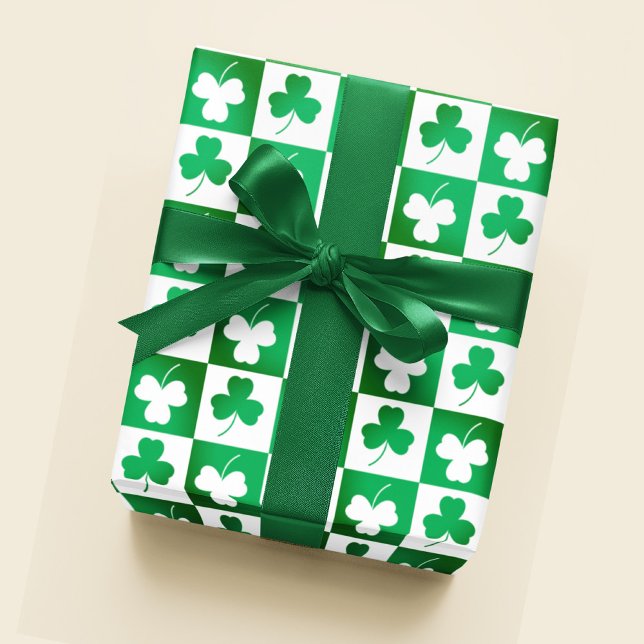Green Shamrock Clover on Chequerboard Irish Party Wrapping Paper (Creator Uploaded)