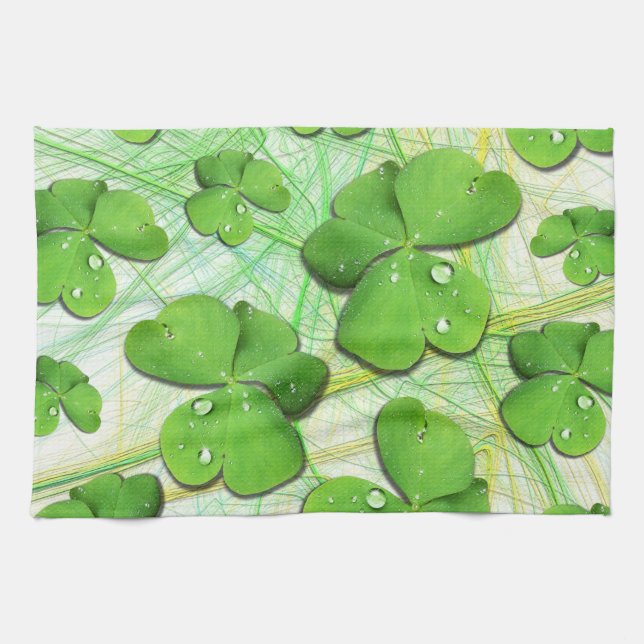 Green Shamrock Clover St Patrick Kitchen Towel (Horizontal)