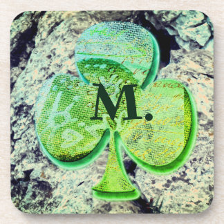 Green shamrock clover with your monogram coaster