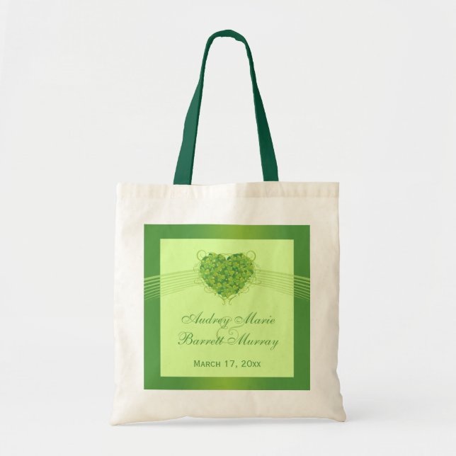 Green shamrock clovers heart wedding favour bag (Front)