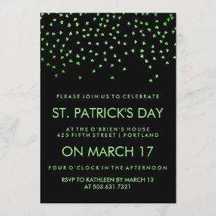 Green Shamrock Confetti on Black St Patrick's Day Invitation