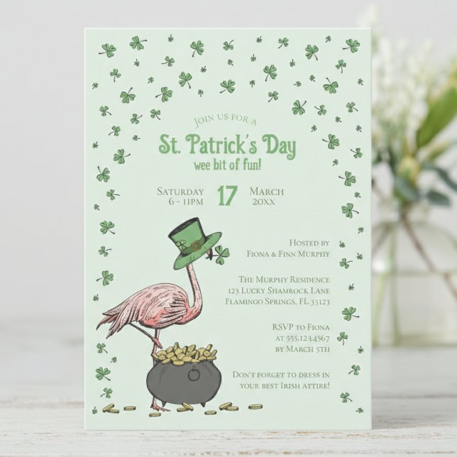 Green Shamrock Flamingo St Patrick's Day Party Invitation (Funny Irish Flamingo Light Green St Patrick's Day Invitations. Shamrocks, Clovers, Leprechaun Hat)