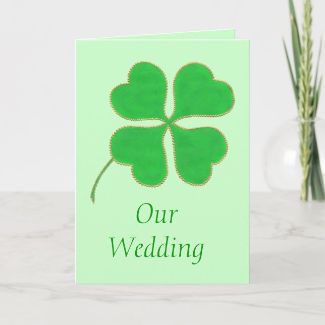 Green Shamrock, gold dots wedding invitation cards (Front)